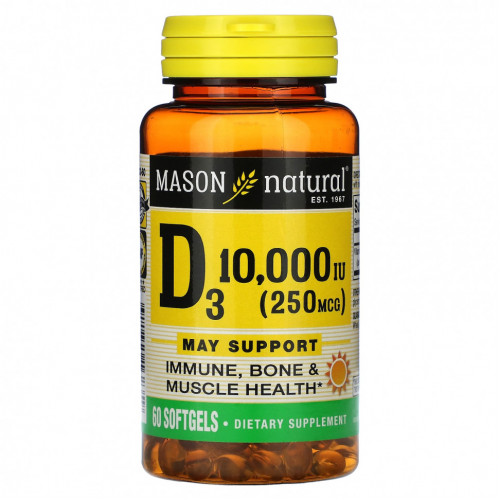 Mason Natural, Витамин D3, 250 мкг (10 000 МЕ), 60 мягких таблеток