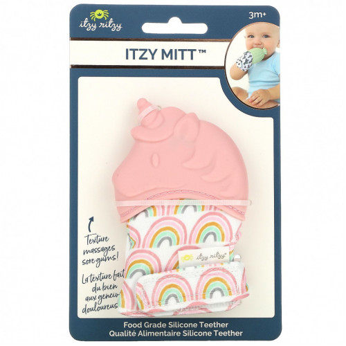 itzy ritzy, Itzy Mitt, пищевой силиконовый прорезыватель для зубов, от 3 месяцев, светло-розовый единорог, 1 прорезыватель