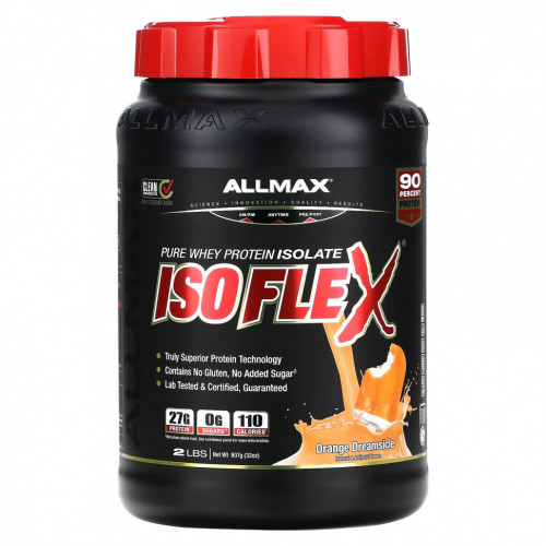 ALLMAX, Isoflex, 100% сверхчистый изолят сывороточного белка (WPI ионная фильтрация), апельсиновый шербет 2 фунта (907 г)