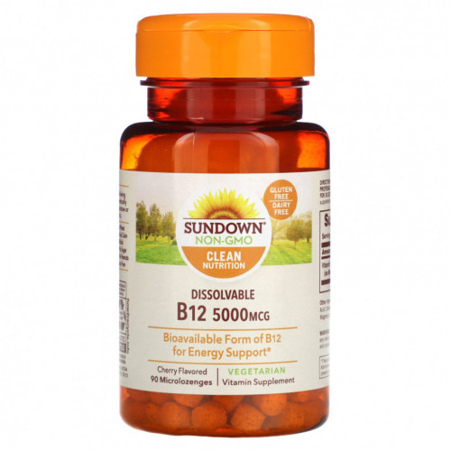 Sundown Naturals, Dissovable B12, вишня, 5000 мкг, 90 микролозиц