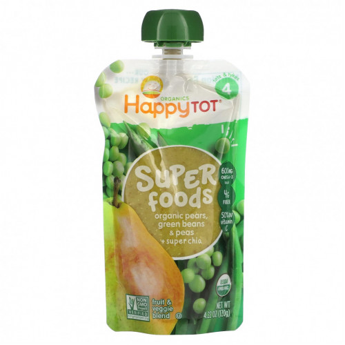 Happy Family Organics, Happytot, Superfoods, Organic Pears, Green Beans & Peas + Super Chia, 4.22 oz (120 g)