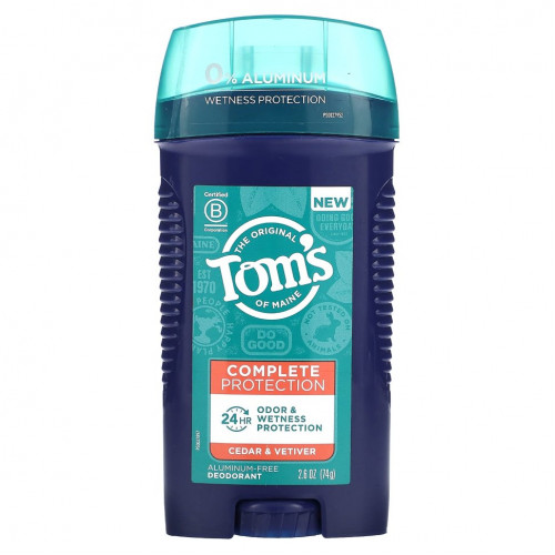 Tom's of Maine, Дезодорант для комплексной защиты без алюминия, кедр и ветивер, 74 г (2,6 унции)