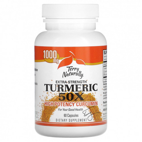 Terry Naturally, Extra Strength Turmeric 50X, высокоэффективный куркумин, 1000 мг, 60 капсул