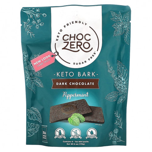 ChocZero, Keto Bark, темный шоколад, перечная мята, 6 батончиков по 1 унции