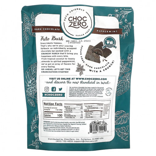 ChocZero, Keto Bark, темный шоколад, перечная мята, 6 батончиков по 1 унции