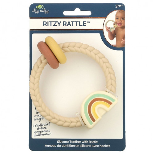 itzy ritzy, Ritzy Rattle, силиконовый прорезыватель с погремушкой, для детей от 3 месяцев, радуга, 1 шт.