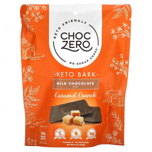 ChocZero, Keto Bark, молочный шоколад, карамель, 6 батончиков по 1 унции