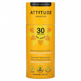 ATTITUDE, Для детей, минеральный солнцезащитный стик, SPF 30, тропический, 85 г (3 унции)