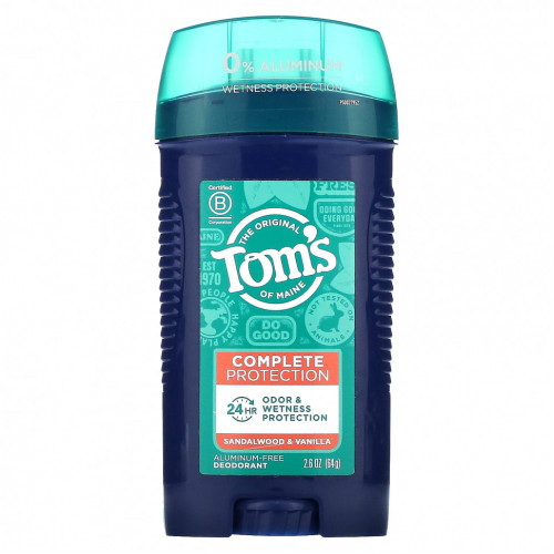 Tom's of Maine, Дезодорант для комплексной защиты, без алюминия, сандаловое дерево и ваниль, 64 г (2,6 унции)