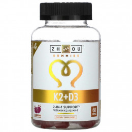 Zhou Nutrition, K2 + D3, клубника, 60 жевательных таблеток