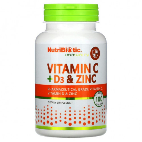 NutriBiotic, Immunity, витамины C + D3 и цинк, 100 капсул