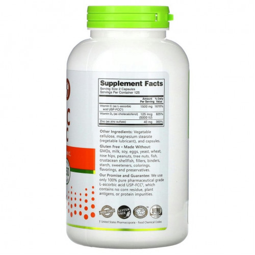 NutriBiotic, Immunity, витамины C + D3 и цинк, 250 капсул