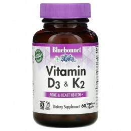 Bluebonnet Nutrition, витамины D3 и K2, 60 вегетарианских капсул