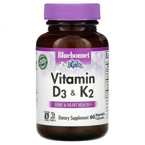 Bluebonnet Nutrition, витамины D3 и K2, 60 вегетарианских капсул