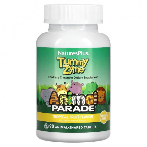 NaturesPlus, Source of Life, Animal Parade, Tummy Zyme с активными ферментами, цельными продуктами и пробиотиками, натуральный вкус тропических фруктов, 90 таблеток в форме животных