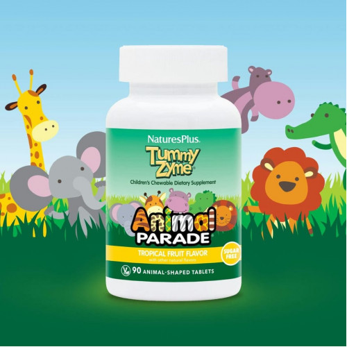 NaturesPlus, Source of Life, Animal Parade, Tummy Zyme с активными ферментами, цельными продуктами и пробиотиками, натуральный вкус тропических фруктов, 90 таблеток в форме животных