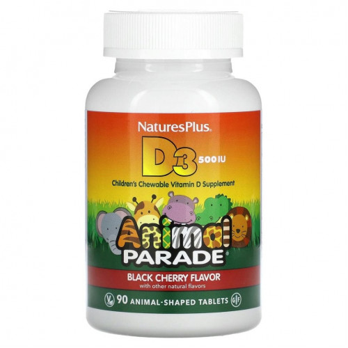 NaturesPlus, Source of Life, Animal Parade, витамин D3, со вкусом натуральной черешни, 500 МЕ, 90 таблеток в форме животных