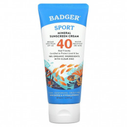 Badger Company, Sport, минеральный крем от загара, SPF 40, без запаха, 87 мл (2,9 жидк. унции)