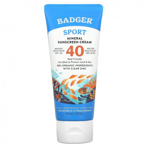 Badger Company, Sport, минеральный крем от загара, SPF 40, без запаха, 87 мл (2,9 жидк. унции)