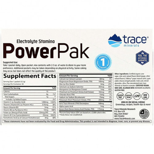 Trace Minerals ®, Electrolyte Stamina PowerPak, виноград Конкорд, 30 пакетиков. 5,3 г (0,19 унции) каждый