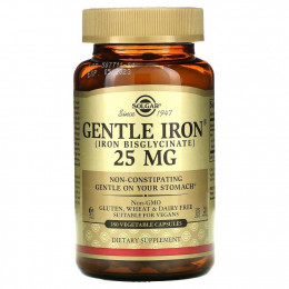 Solgar, Gentle Iron, 25 мг, 180 растительных капсул