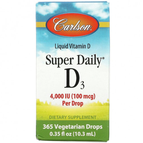 Carlson Labs, Super Daily D3, 100 мкг (4000 МЕ), 10,3 мл (0,35 жидк. Унции)