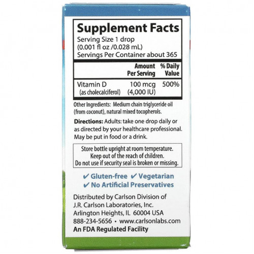 Carlson Labs, Super Daily D3, 100 мкг (4000 МЕ), 10,3 мл (0,35 жидк. Унции)