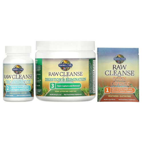 Garden of Life, RAW Cleanse, высший стандарт очищения и детоксикации, программа из 3 частей, трехкомпонентный комплект