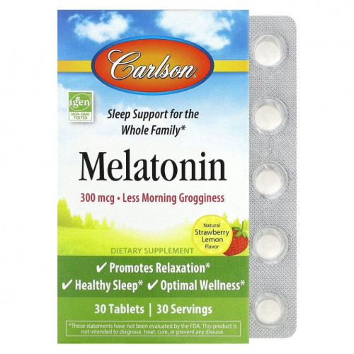 Carlson, Melatonin, Natural Strawberry Lemon , 300 mcg, 30 Tablets