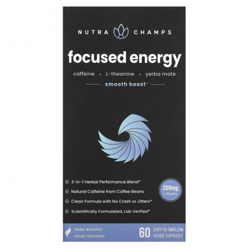 NutraChamps, Focused Energy, 60 Easy-to-Swallow Veggie Capsules