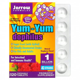 Jarrow Formulas, Yum-Yum Dophilus, без сахара, с натуральным ароматизатором со вкусом малины, 120 жевательных таблеток