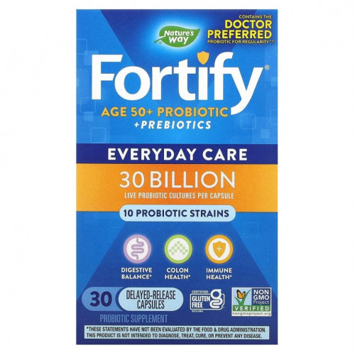 Nature's Way, Fortify, Age 50+ Probiotic + Prebiotics, Everyday Care, 30 Billion, 30 Delayed-Release Veg. Capsules