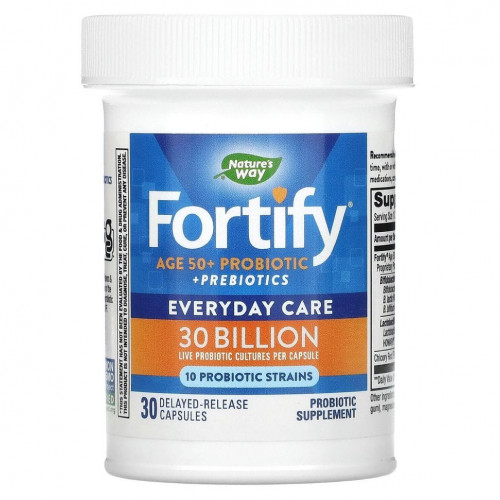 Nature's Way, Fortify, Age 50+ Probiotic + Prebiotics, Everyday Care, 30 Billion, 30 Delayed-Release Veg. Capsules