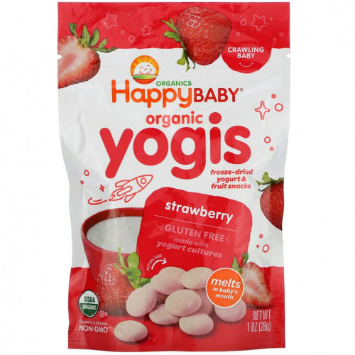 Happy Family Organics, Organic Yogis, органические снеки из сублимированного йогурта с фруктами, с клубникой, 28 г (1 унция)