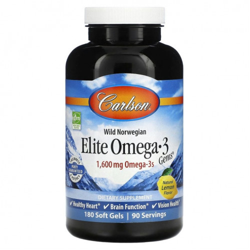 Carlson Labs, Wild Caught, Elite Omega-3 Gems, отборные омега-3 кислоты, натуральный лимонный вкус, 800 мг, 180 капсул