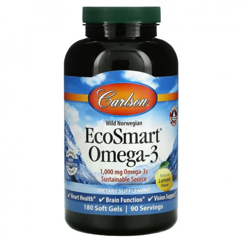 Carlson Labs, EcoSmart Omega-3, натуральный ароматизатор «Лимон», 500 мг, 180 мягких таблеток