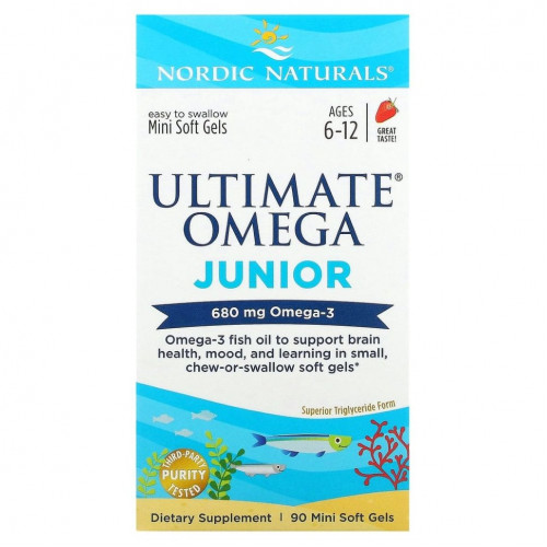 Nordic Naturals, Ultimate Omega Junior, для детей от 6 до 12 лет, со вкусом клубники, 340 мг, 90 мини-капсул