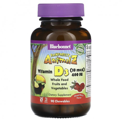 Bluebonnet Nutrition, Rainforest Animalz, витамин D3 с натуральным ягодным вкусом, 400 МЕ, 90 жевательных таблеток