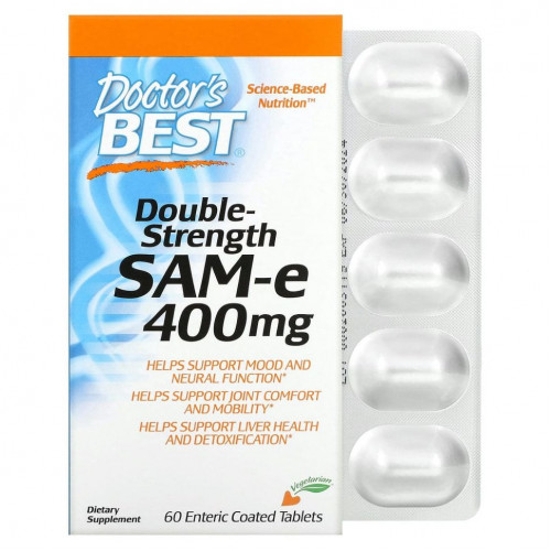 Doctor's Best, SAM-e, Double Strength, 400 мг, 60 таблетки, покрытые желудочно-резистентной оболочкой