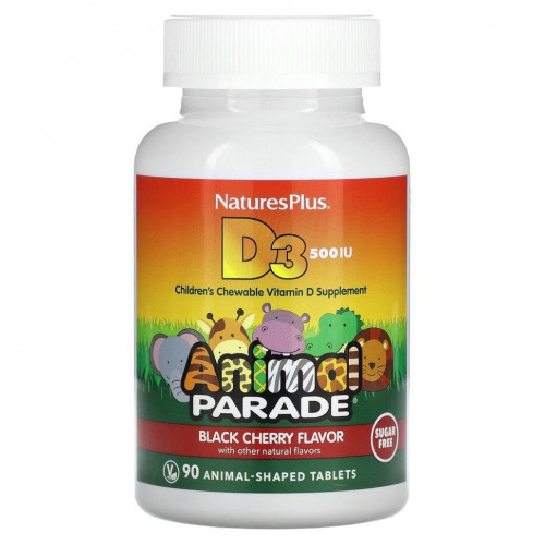 NaturesPlus, Source of Life, Animal Parade, витамин D3, без сахара, с натуральным вкусом черешни, 12,5 мкг (500 МЕ), 90 таблеток в форме животных