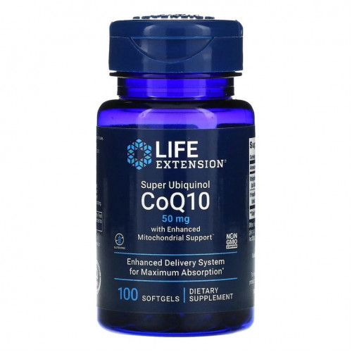 Life Extension, Super Ubiquinol CoQ10 с улучшенной поддержкой митохондрий, 50 мг, 100 гелевых капсул