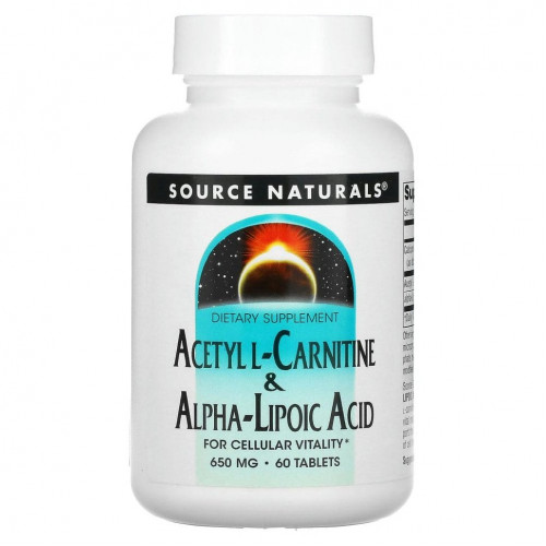 Source Naturals, ацетил-L-карнитин и альфа-липоевая кислота, 650 мг, 60 таблеток