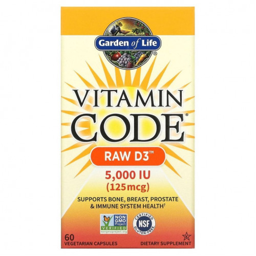 Garden of Life, Vitamin Code, Raw D3, 5000 МЕ, 60 вегетарианских капсул