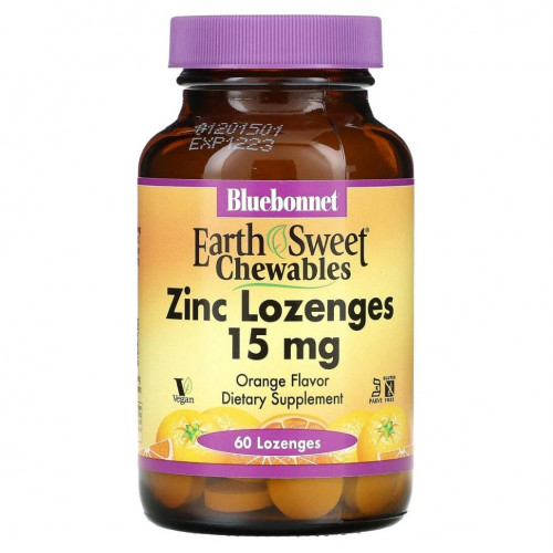 Bluebonnet Nutrition, EarthSweet, пастилки с цинком, натуральный апельсиновый ароматизатор, 15 мг, 60 пастилок