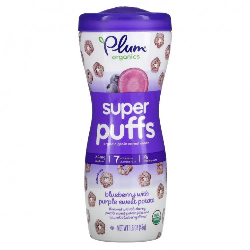 Plum Organics, Super Puffs, снек из органических злаков, голубика и фиолетовый батат, 42 г (1,5 унции)