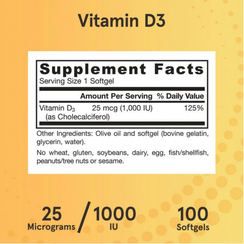 Jarrow Formulas, витамин D3, холекальциферол, 25 мкг (1000 МЕ), 100 капсул