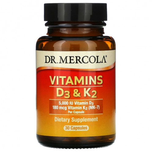 Dr. Mercola, витамины D3 и K2, 30 капсул