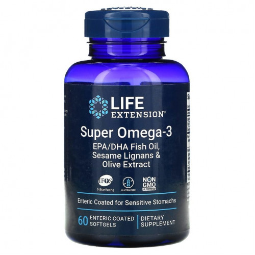 Life Extension, Super Omega-3, рыбий жир с ЭПК и ДГК, лигнанами кунжута и экстрактом оливы, 60 капсул, покрытых кишечнорастворимой оболочкой