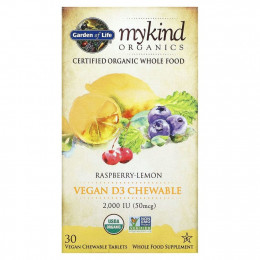 Garden of Life, MyKind Organics, веганский витамин D3, со вкусом малины и лимона, 2000 МЕ, 30 вегетарианских жевательных таблеток