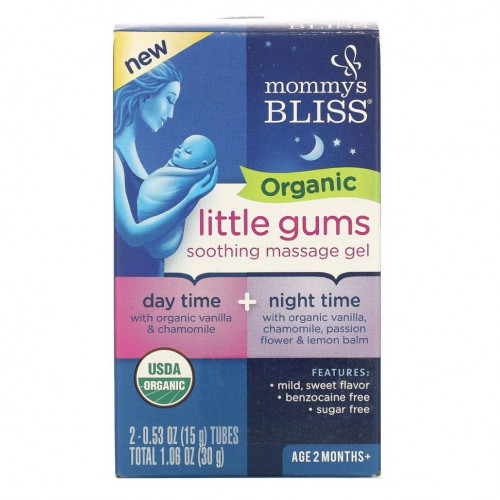 Mommy's Bliss, Organic Little Gums, успокаивающий массажный гель, дневной/ночной пакет, для детей в возрасте от 2 месяцев, 2 тюбика, 15 г (0,53 унции) каждый